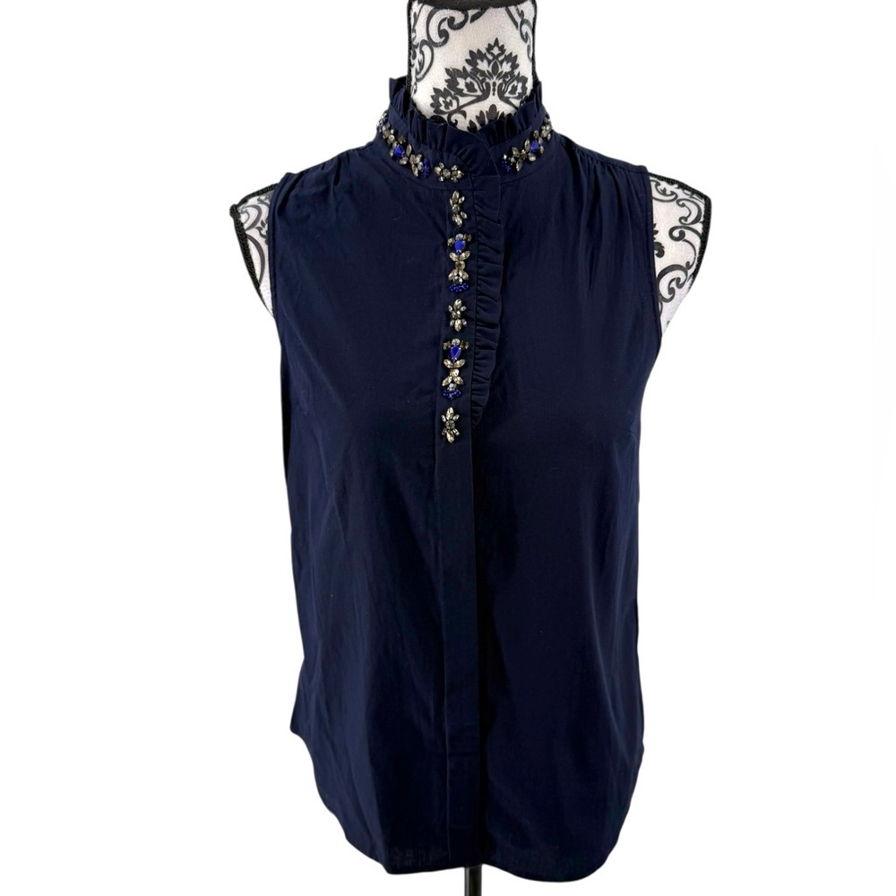 J.Crew Jewel Embellished Ruffle Neck Sleeveless Top Navy Blue Size 0 Style 04518